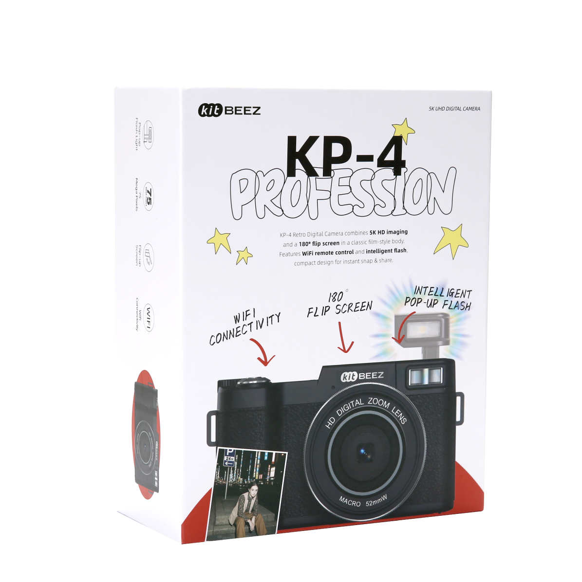 KiTBEEZ KP-4 75MP 180°Flip Screen Selfie 5K Camera
